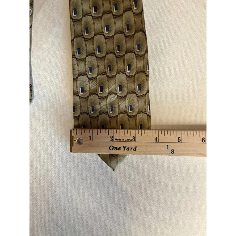 Vintage Marquis Mens Silk Necktie Olive Green Gold Blue Geometric‎ Tie